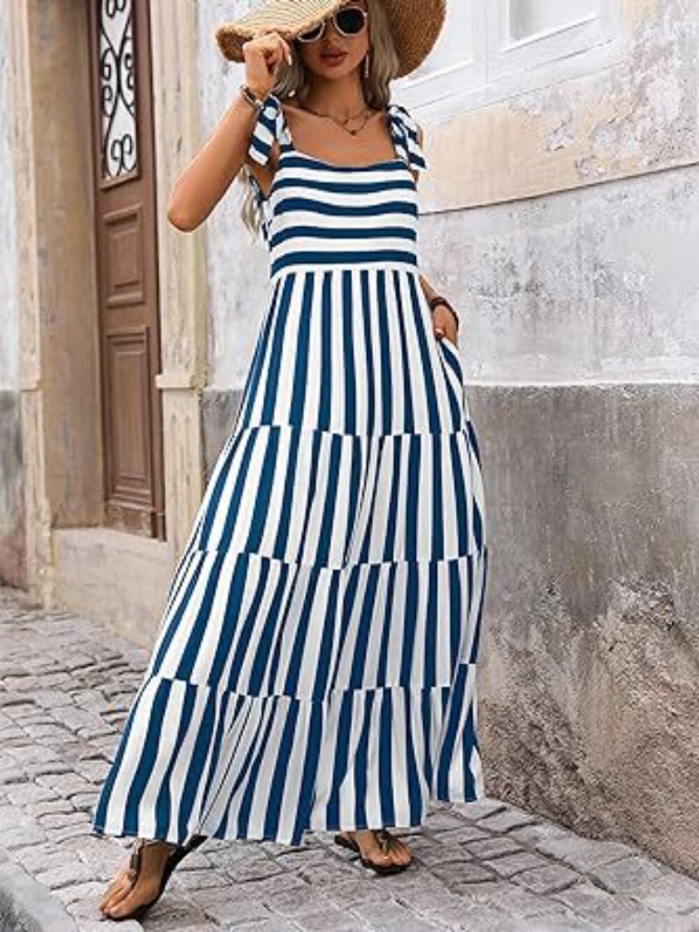 Women's Spaghetti Strap Sleeveless Printed Pocket Side Zipper Tiered Dress - Picture 1 of 5